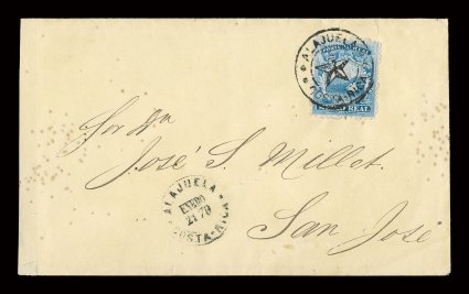 1, 1863 12r Blue, nicely centered example from Plate 2, tied to a Miller correspondence cover to San Jose by gorgeous AlajuelaCosta Rica fancy star circular postmark, also
bearing a double circle AlajuelaEnero21 79Costa Rica cancel at b