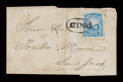 1, 1863 12r Blue, single from Plate 2, centered to top, tied to large part of an undated folded entire to San Jose by an excellent strike of Atenas oval (ATE-Pmk1), central file
fold and some overall cover wear, fine one of only two record