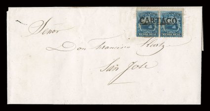 1, 1863 12r Blue, horizontal pair, centered to bottom, paying the double rate on a larger June 30, 1863 folded entire from Cartago to San Jose, bold oval Cartago pre-stamp era
postmark (CAR-Pmk5a) cancels the stamps directly in the center of