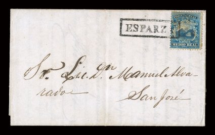 1, 1863 12r Blue, fine single, spectacularly tied to a November 24, 1871 folded letter from Esparta to San Jose by bold boxed Esparza postmark (ESP-Pmk1) which was typically
used in the stampless period, very faint edge toning around stamp an