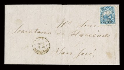 1, 1863 12r Blue, single from Plate 2 (small perf. flaws), tied to folded entire to San Jose by Grecia oval postmark (GRE-Pmk2), matching double circle GreciaMayo8 78Costa Rica
postmark at left, entire fairly clean, fine one of only thr