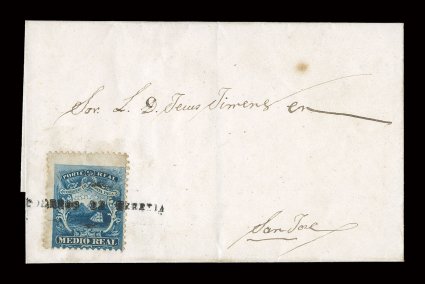 1, 1863 12r Blue, single centered to bottom right and with deep rich color, tied to small undated folded letter to San Jose by most unusual Correos De Heredia straight line
marking (HER-Aux2), this cancel is probably a marking intended to be