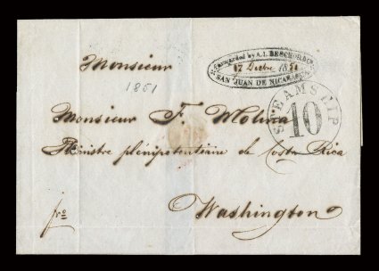 San Juan De Nicaraguaforwarded by A.L. Beschor & Co. double oval handstamp, two folded entires each from San Jose to Washington, D.C. sent via Greytown, where all international
mail was sent through a mail agent, each bearing the scarce forwar
