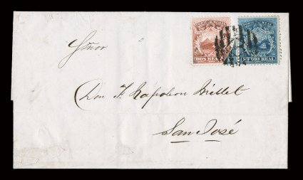 1, 2, 1863 12r Blue and 2r Scarlet, attractively centered singles of each, tied to an especially handsome and desirable folded letter from Puntarenas to San Jose by barred
numeral cancel, letter which is datelined July 5, 1841 is from the well
