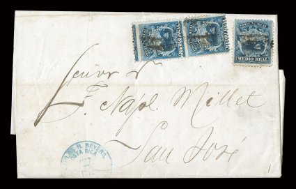 1, 1863 12r Blue, a single and a vertical pair, all centered to top, tied to rarely seen triple rate folded letter from Puntarenas to San Jose dated March 23, 1872, cancels bit
indistinct, blue circular senders cachet handstamp at bottom left,