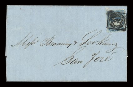 1, 1863 12r Blue, single with some nibbed perfs., tied to undated folded entire to San Jose by the fancy boxed starburst cancel (PUN-Can4) of Puntarenas, this being one of only
two covers found in the Mayer collection with this distinctive