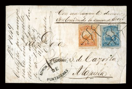 1, 4, 1863 12r Blue and 1P Orange, singles of each used together on an immensely rare certified cover from Puntarenas to Alajuela, stamps tied by distinctive manuscript cancels
used by Postmaster Onesade, with oval Admon. De CorreosDePuntare