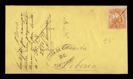 4, 1863 1P Orange, fine single with bright color, tied to handsome and extremely rare certified canary colored cover from Puntarenas to Liberia, stamp cancelled with distinctive
manuscript of Postmaster Onesade, nice strike of large oval Admon.