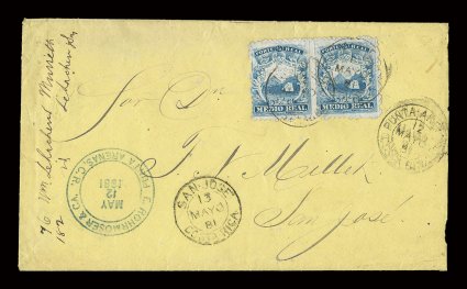1, 1863 12r Blue, horizontal pair from Plate 2, centered to left, paying the double rate and tied to a canary colored cover to San Jose by two strikes of Punta-Arenas12 Mayo
81Costa Rica c.d.s. (PUN-Pmk5), a usage during the period when the