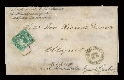 3, 1863 4r Green, well centered single tied to registered folded letter on onion skin paper to Alajuela by slightly indistinct boxed San Jose cancel (SJ-Pmk6), matching clear
strike of San-JoseAbril 13.74Costa Rica c.d.s. at bottom right