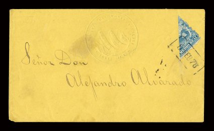 1 var., 1863 12r Blue, diagonal bisect, a single diagonally bisected medio real from Plate 2 tied to lovely canary colored unsealed cover from San Jose by boxed 8 Feb 78
datestamp (SJ-Pmk6), this printed matter cover bears an impressive alb