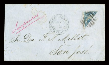 1 var., 1863 12r Blue, diagonal bisect, from Plate 2, wonderfully tied by a barred numeral postmark on an unsealed printed matter cover addressed to San Jose, central strike of
double circle San JoseJun 4, 1879Costa Rica datestamp (SJ-Pmk8)
