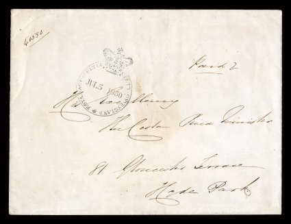 Large crowned circle Royal Agricultural Society EnglandJul 5, 1850 handstamp on larger court cover addressed to His Excellency The Costa Rica Minister in Hyde Park, London,
manuscript Paid 2, red wax seal on reverse, very fine a most unus