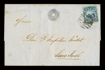 1, 1863 12r Blue, single centered a bit to top, deep rich color, tied to May 26, 1871 folded letter from Puntarenas to San Jose by barred numeral postmark, with unusual and very
rare four-ring target cancel (18mm wide) at top center, this bei