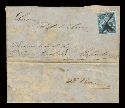 1, 1863 12r Blue, single with deep rich color, used on rare undated folded entire from San Ramon to Alajuela with manuscript X cancel, S. Ramon manuscript town postmark on
reverse, cover with age spotting and a couple of minor insect holes,