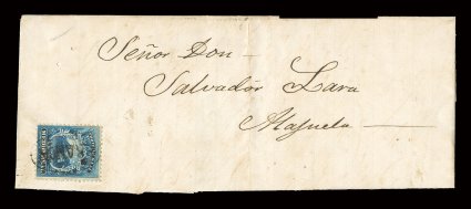 1, 1863 12r Blue, attractively centered single with deep rich color, tied to large part of folded entire from San Ramon to Alajuela by oval Sramon postmark (SR-Pmk1), virtually
a complete strike, fine a very rare town marking on a first issu