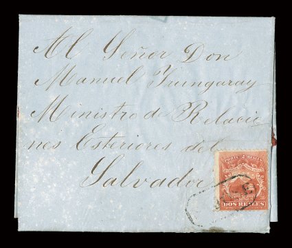 2, 1863 2r Scarlet, centered a bit to bottom right, radiant color, tied to May 15, 1863 folded letter from San Jose to El Salvador by octagonal boxed S.Jose postmark used in the
pre-stamp period (SJ-Pmk3), letter is addressed to the Minister o