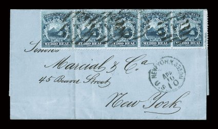 1, 1863 12r Blue, a striking horizontal strip of five showing a partial printers imprint at far right, tied to a blue colored cover from San Jose to New York by barred numeral
postmarks, letter dated March 5, 1868, after being cancelled in San