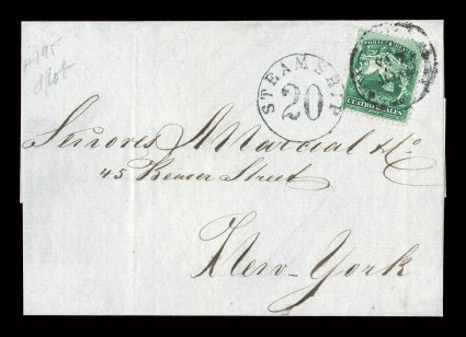3, 1863 4r Green, deep rich color and well centered, tied to an especially handsome June 10, 1867 folded entire from San Jose to New York by a bit indistinct San Jose c.d.s.,
letter was sent on the Puntarenas route via Panama and Aspinwall to Ne