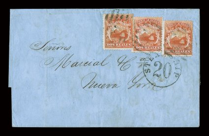 2, 1863 2r Scarlet, three singles with fine centering, all tied to blue colored folded entire dated June 14, 1867 to New York by light strikes of barred numeral postmarks, the
three stamps paying the triple rate, as with the previous cover it wa