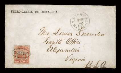 2, 1863 2r Scarlet, single tied to impressive circa 1872-73 cover from Cartago to Alexandria, Virginia by complete strike of oval Cartago postmark, cover with printed corner
card of the railroad Ferro-Carril De Costa-Rica, the 2r stamp corre