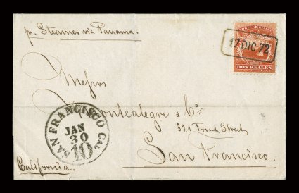 2, 1863 2r Scarlet, single with rich luxuriant color, perfectly tied to a folded letter sent from San Jose to San Francisco by a boxed 17 Dic 72 postmark, as was the case with
most mail from Costa Rica to California they were carried via Punta