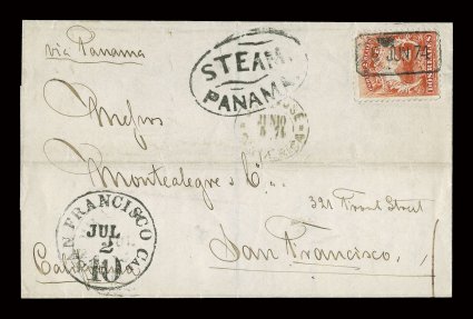 2, 1863 2r Scarlet, fine single, tied by a boxed 5 Jun 74 date handstamp to a similar folded entire from San Jose to San Francisco from the same correspondence as the previous
lot, and like the previous cover it was routed via Puntarenas to Pan
