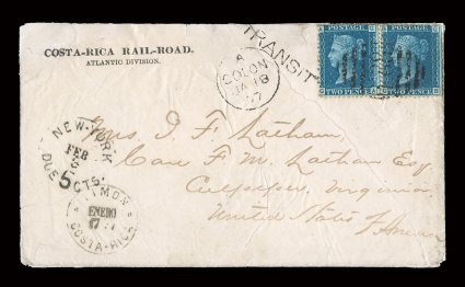 1877 fascinating cover sent from Limon to Culpeper, Virginia, with Costa-Rica Rail-Road.Atlantic Division. corner card imprint at top left, apparently allowed to be sent postage
free due to being official correspondence, with LimonEnero 17