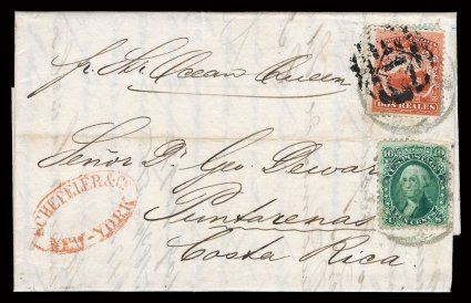 2, 1863 2r Scarlet, a single example used as postage due on a spectacular inbound folded letter to Puntarenas, Costa Rica from New York, cover originating in New York on
November 22, 1864 and franked with two copies of the 1861 Ten Cent Green (