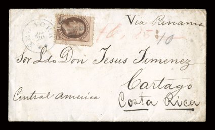 Inbound 1873 cover to Cartago from New York, franked with a United States 1870 Ten Cent Bank Note (centered into perfs. at left) which is tied by New YorkAug 20 duplex postmark,
sent Via Panama with manuscript endorsement on the Ocean Quee