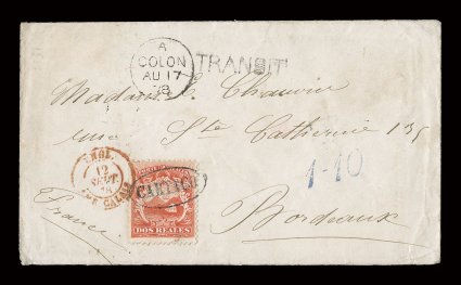 2, 1863 2r Scarlet, a single centered a bit to top, tied to scarce cover to Bordeaux, France by choice strike of Cartago oval postmark (CAR-Pmk7), British AColonAu 1778 transit
c.d.s. and Transit straight line handstamp at top center of