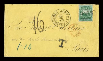 3, 1863 4r Green, well centered single tied to gorgeous canary colored double weight cover to Paris, France by boxed 25 May 79 datestamp, matching perfect strike of San JoseMay
25 1879 (SJ-Pmk8) double circle postmark at left, with colored