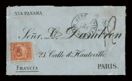 2, 1863 2r Scarlet, deep rich color, used on a very scarce linen-lined cover to Paris, France, stamp cancelled by elusive Grecia oval postmark (GRE-Pmk2), San JoseFeb 23,
1880Costa Rica double circle transit c.d.s., sent Via Panama with