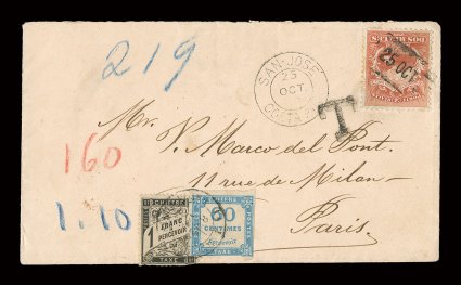 2, 1863 2r Scarlet, well centered single tied to a marvelous cover to Paris, France by boxed 25 Oct (82) handstamp, with matching San-Jose25 Oct82 c.d.s. (SJ-Pmk9) to left, sent
via British mail with red London transit c.d.s. on reverse, a