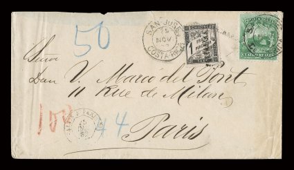 3, 1863 4r Green, attractively centered single tied to extremely rare postage due cover to Paris, France by San Jose25 Nov 82 double ring c.d.s. (SJ-Pmk9), additional clearer
strike to left, carried by British mails, upon arrival in France it