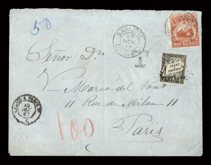 2, 1863 2r Scarlet, single centered a bit to top right, tied to striking postage due cover to Paris, France, by San-Jose25 Nov. 82 double ring c.d.s. (SJ-Pmk9), with additional
strike to left, carried by British mails and upon arrival in Fran