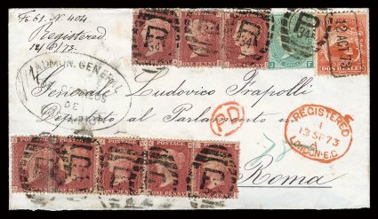2, 1863 2r Scarlet, nicely centered single with deep rich color, tied by boxed 12 Agt 73 handstamp to one of the most spectacular covers in Costa Rican philately, sent
registered (single weight) by the Postmaster Henry Twight to Rome, Italy, e