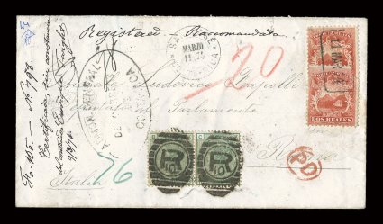 2, 1863 2r Scarlet, two fine singles, affixed slightly overlapping to another rare and spectacular registered cover from San Jose to Rome, Italy, this being a double weight
usage sent by Postmaster Henry Twight, stamps cancelled by boxed 11 Mar