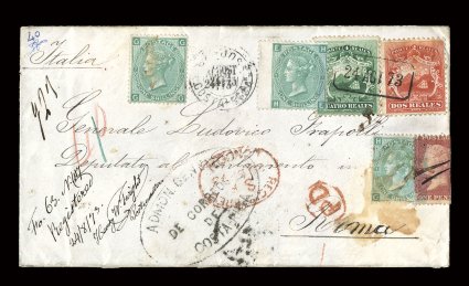 2, 3, 1863 2r Scarlet and 4r Green, singles of each tied to another amazing registered combination cover from San Jose to Rome, Italy, this being a triple rate usage, stamps
cancelled by boxed 24 Agt 73 handstamp and with matching San-JoseAg