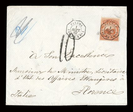 2, 1863 2r Scarlet, fresh well centered single tied to handsome cover to Florence, Italy, cancelled in transit by excellent strike of octagonal Panama Paq. Fr A No 1 of
September 1, 1867, with additional strike to the left, applied on board th