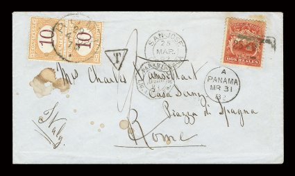 2, 1863 2r Scarlet, fine single tied to a very rare postage due cover to Rome, Italy, by boxed 25 Mar (82) handstamp, with matching San-Jose25 Mar. 82Costa-Rica double ring
c.d.s. (SJ-Pmk9) to left, carried via Puntarenas to the British po