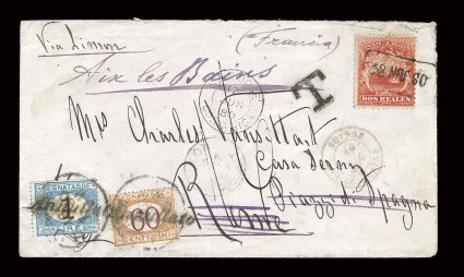 2, 1863 2r Scarlet, fine single tied to another rare postage due cover to Rome, Italy, from the same correspondence as the previous lot, although this one was sent via Great
Britain rather than France, stamp tied by boxed 12 Jun 80 handstamp,