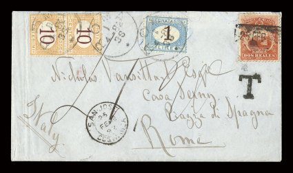 2, 1863 2r Scarlet, fine single with strong color, tied to a similarly rare and attractive postage due cover to Rome, Italy by boxed 25 Feb (82) handstamp, matching double ring
San-Jose25 Feb 82Costa Rica c.d.s. (SJ-Pmk9) at bottom, carrie