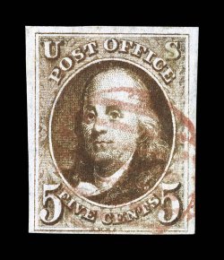 1, 5c Red brown, four full to mostly large margins, especially rich color and a detailed impression, light red grid cancel, extremely fine 2008 PSE certificate (VF-XF 85 SMQ
$710.00).