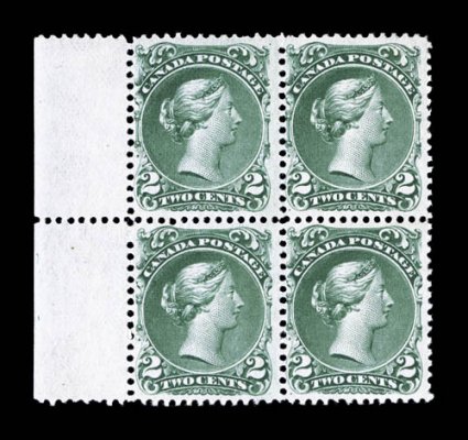 Unitrade 24iv, 1868 2c Bluish green on Bothwell paper, handsome mint left sheet-margin block of four, centered a bit to the left, but not objectionably so, beautiful rich
color on bright fresh paper, large part o.g., fine and very scarce 2007 G