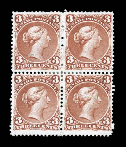 25, 1868 3c Red, very scarce mint block of four, well centered, strong rich color and a detailed impression, part disturbed o.g., top left stamp with small translucent stain,
otherwise very fine (Unitrade C$8,000.00+)