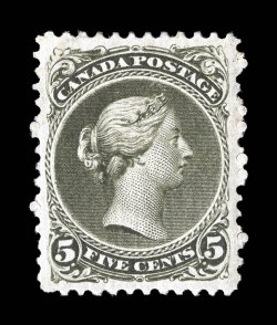 26, 1875 5c Olive green, a highly desirable mint example of this scarce and difficult stamp, marvelously well centered within large margins, lovely rich color and a well
incised impression, full original gum, mild h.r., extremely fine an outsta