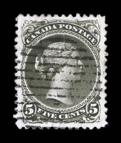 Unitrade 26iv, 1875 5c Olive green, perf. 11 34 x 12, gem used single that is extraordinarily well centered amid lavishly large margins, deeply rich color and a highly
detailed impression, light grid cancel, extremely fine 2001 Greene Foundati