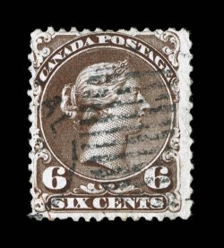 27b, 1868 6c Dark brown on watermarked paper, used, with clear two-line watermark, strong rich color, relatively light grid cancel and a tiny bit of a red transit at bottom
left, tiny expert repair at top left, otherwise a fine example of this s