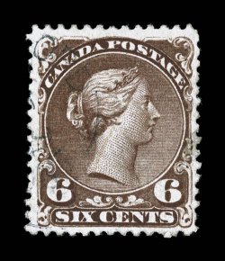 Unitrade 27iii, 1868 Dark brown, major re-entry, position 95 from Plate 1, used, well centered, deeply rich color and a sharp impression showing the re-entry particularly
well, light c.d.s. and lightened pen cancel, very fine 2003 Sismondo cert